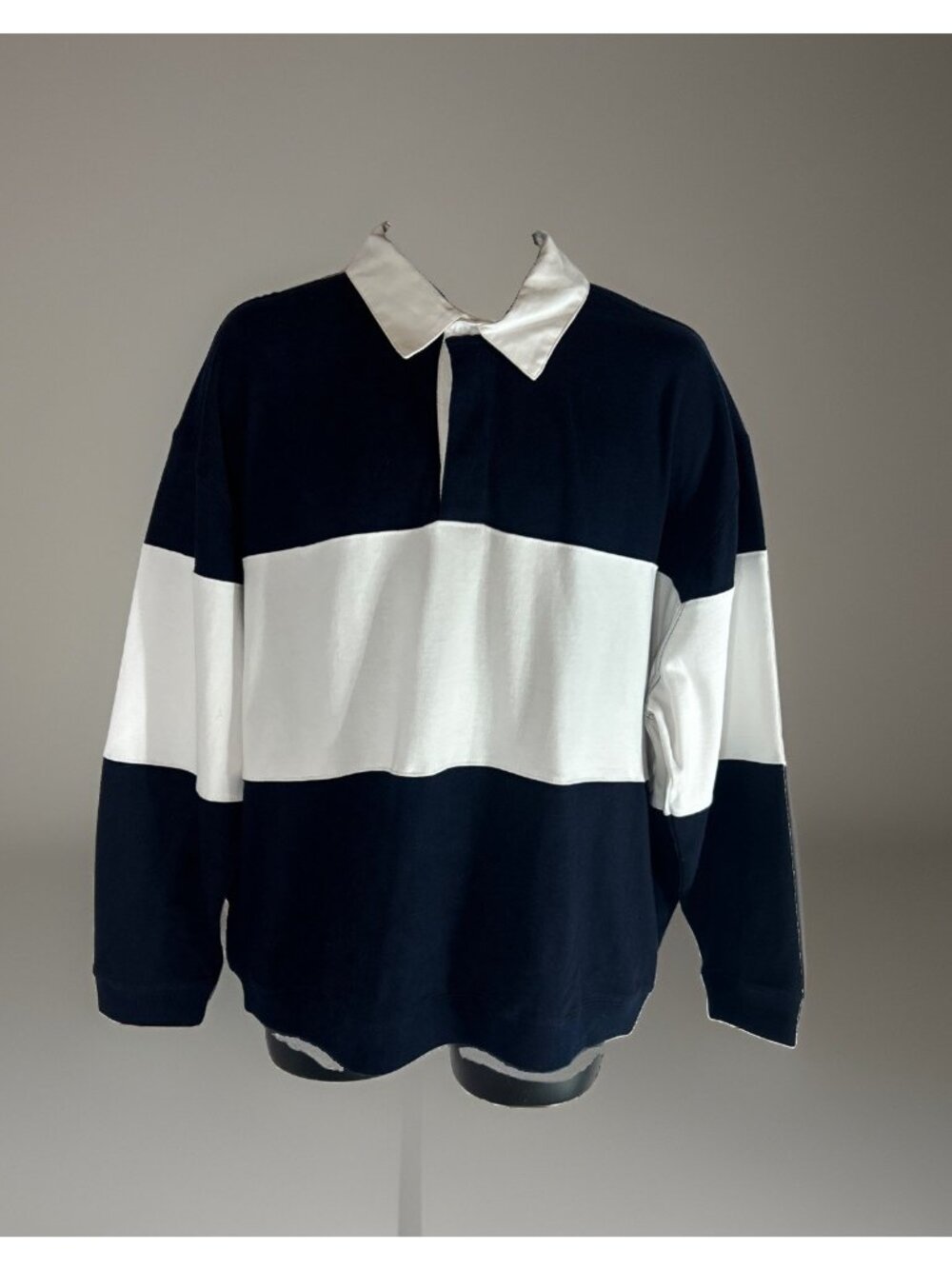 Bar lll Men’s Size XL Long Sleeve Polo Rugby Navy Blue & White Stripe Shirt